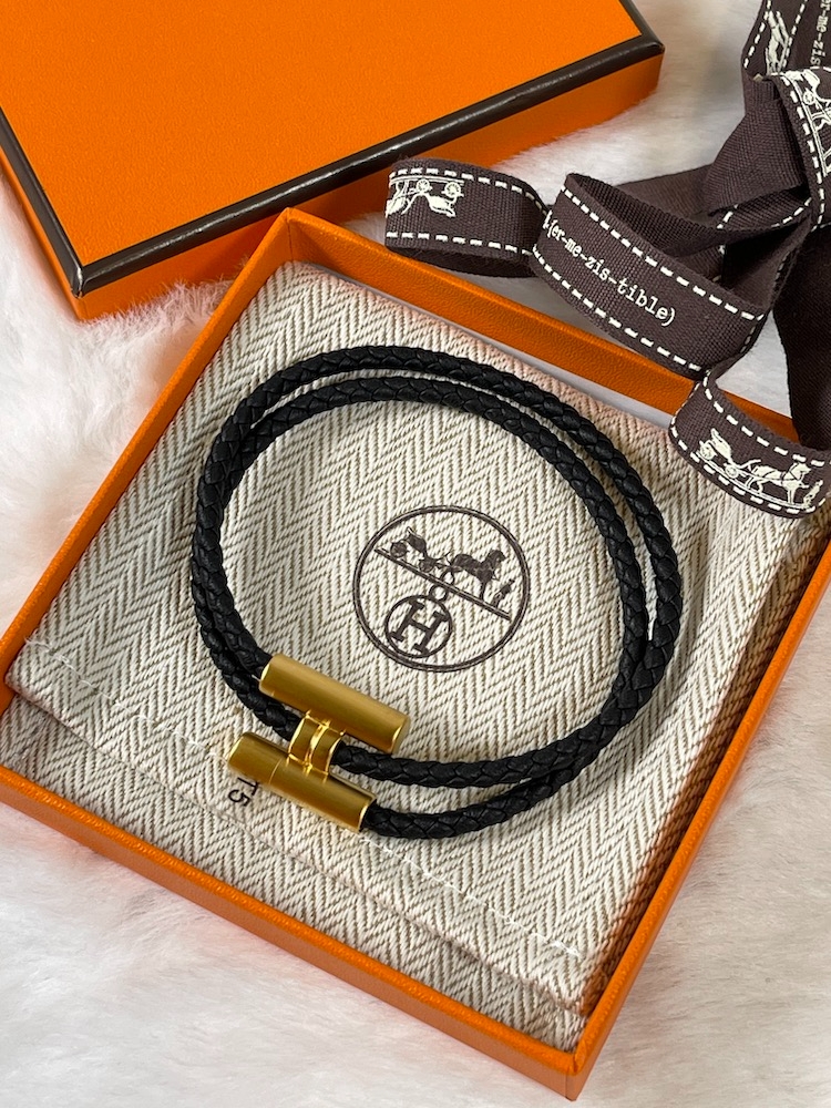 에르메스 Tournis Tresse 팔찌 블랙 금장