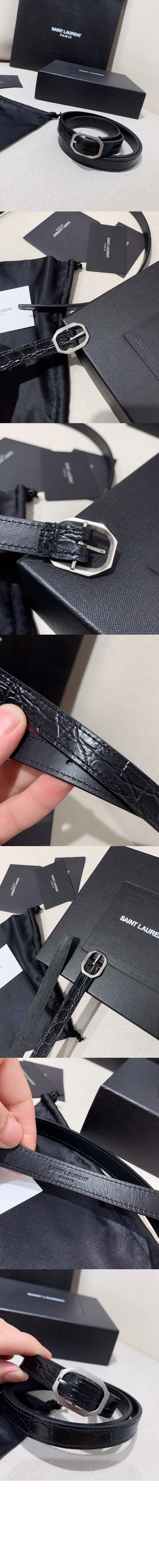 생로랑 크로커다일 엠보스드 가죽 소재의 프레임 버클 슬림 벨트 732560