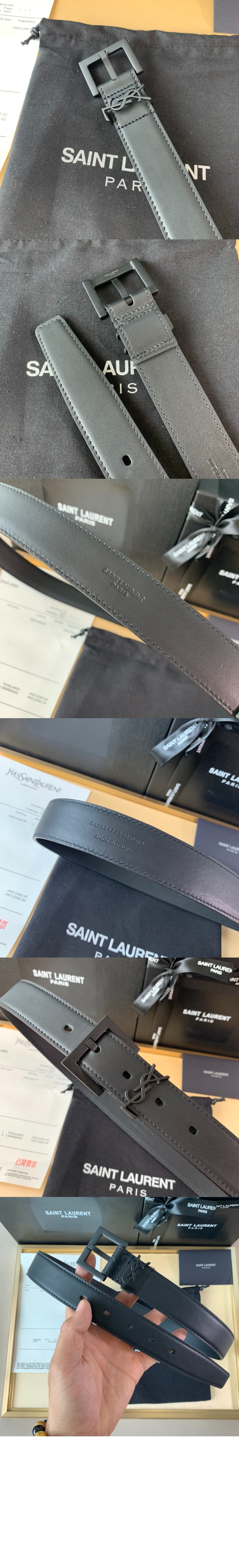 생로랑 스퀘어 버클을 장식한 유광 박스 생 로랑 가죽 소재의 벨트 634437