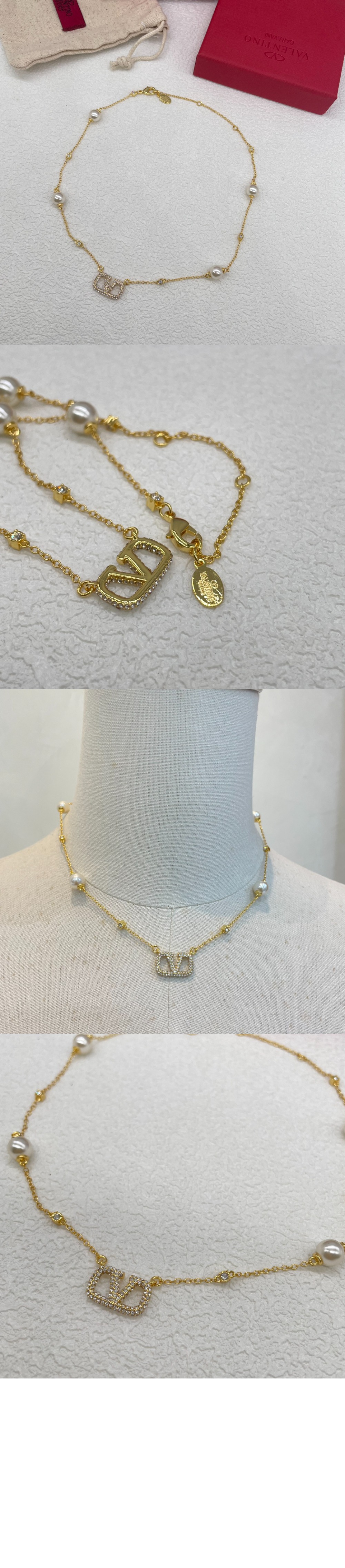 발렌티노 크리스털 및 진주 장식 브이로고 시그니처 메탈 네크리스