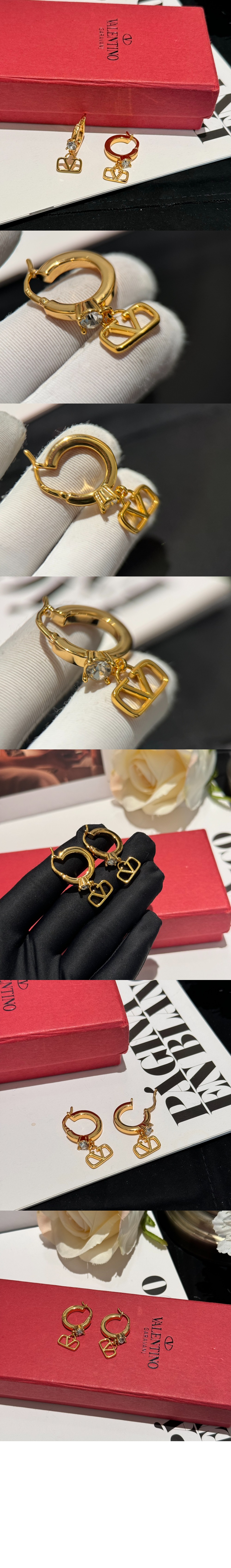 발렌티노 크리스털 장식 미니 브이로고 시그니처 메탈 이어링