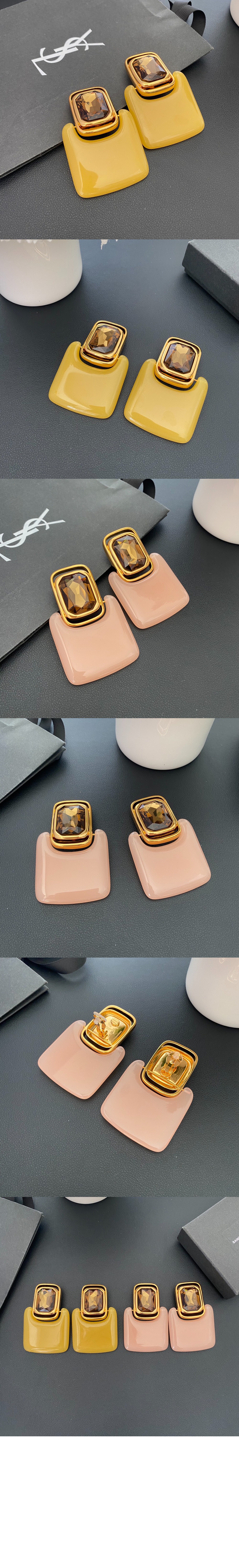 생로랑 레진과 메탈 소재의 카보숑 스퀘어 이어링 800770